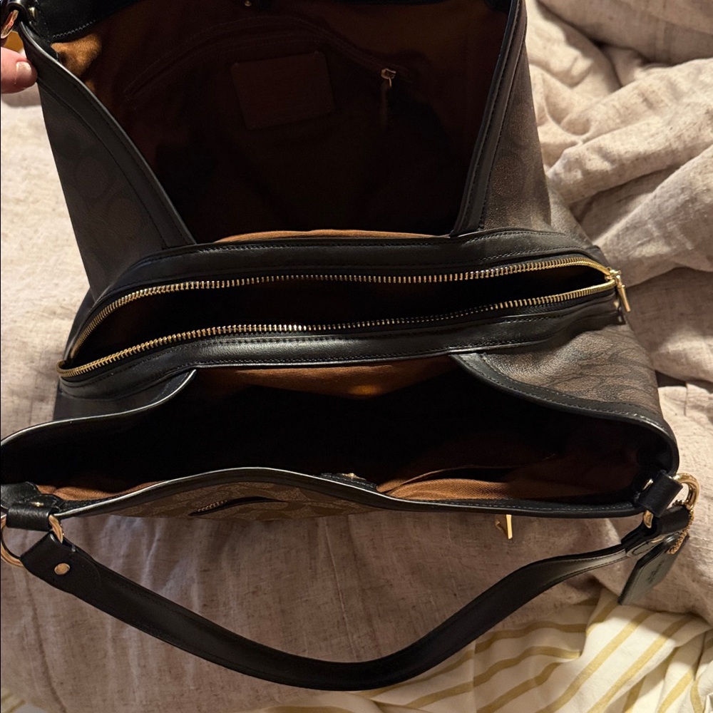 Coach Brown Signature Canvas Shoulder Bag with Black Trim - Picture 7 of 8